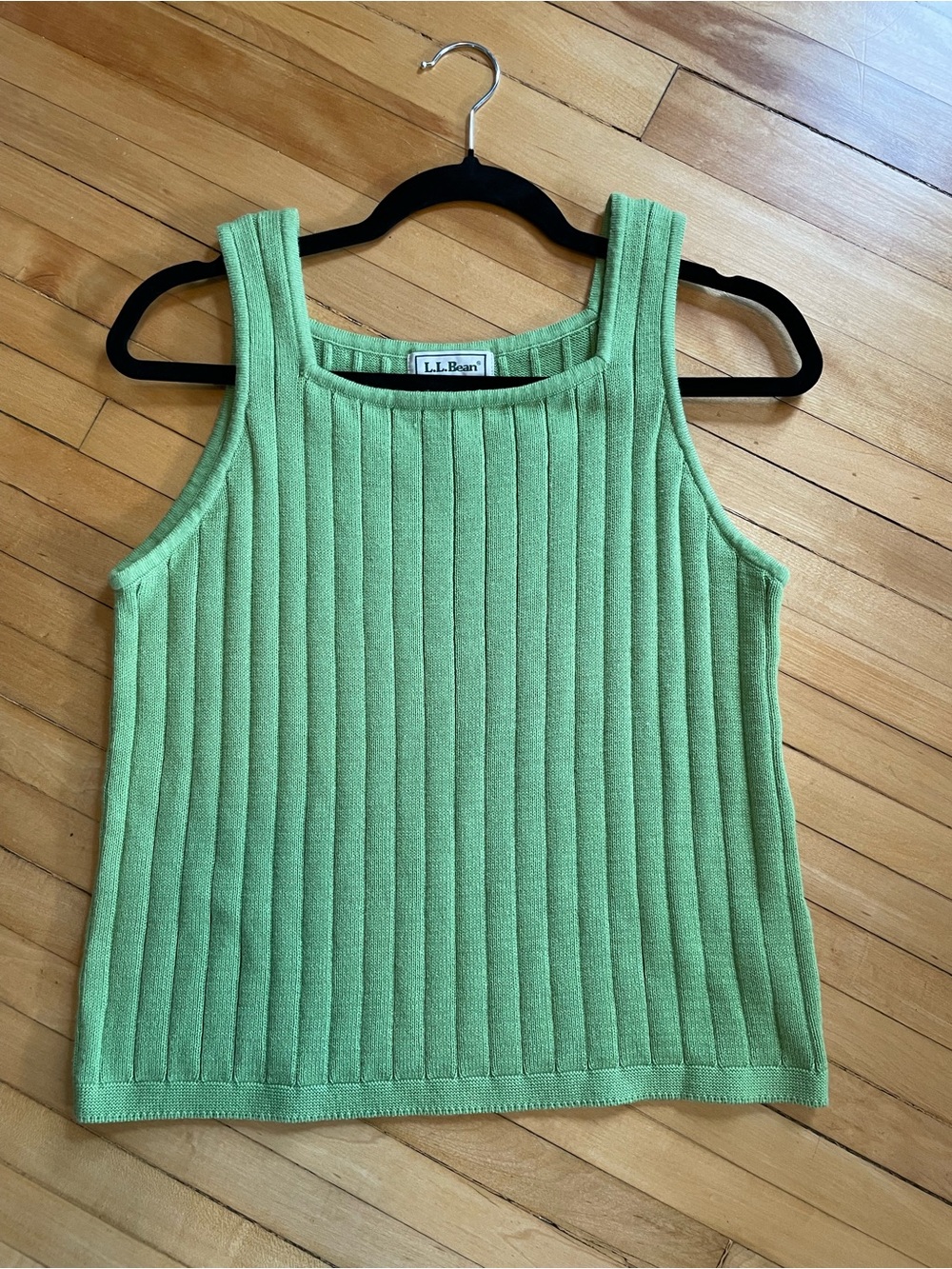 L.L. BEAN Vintage Ribbed Sweater Tank Cotton Classic Square Neck Apple Green